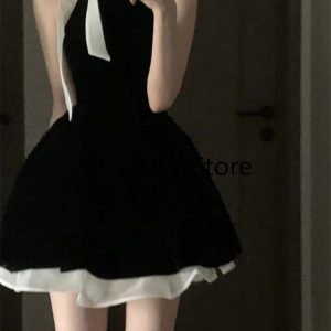 Chic Vintage Black Mini Dress for Women - Sleeveless Bow Bandage Patchwork Summer Fashion