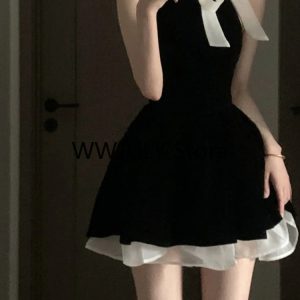 Chic Vintage Black Mini Dress for Women - Sleeveless Bow Bandage Patchwork Summer Fashion