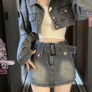 Chic Vintage Denim Set: Slim Cardigan & Y2K Bodycon Mini Skirt - Elegant Korean Fashion 2024