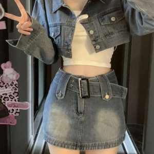 Chic Vintage Denim Set: Slim Cardigan & Y2K Bodycon Mini Skirt - Elegant Korean Fashion 2024