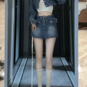 Chic Vintage Denim Set: Slim Cardigan & Y2K Bodycon Mini Skirt - Elegant Korean Fashion 2024