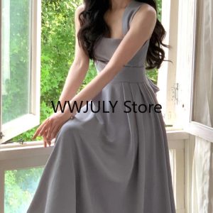 Chic Vintage Midi Dress for Women - Elegant Summer 2024 Y2K Fashion Evening Party Wear