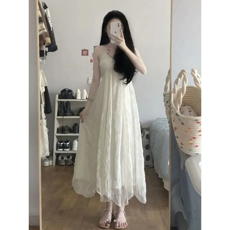 Chic Vintage Princess Chiffon Dress with Open Back & Hanging Neck - Y2K Spring/Summer Fashion