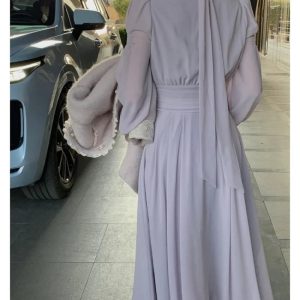 Chic Vintage Purple Midi Dress for Women - Elegant Long Sleeve Y2K Fashion Evening Party Dress