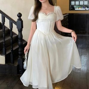 Chic Vintage Summer Midi Dress with Short Sleeves - Elegant Princess Party Dress for Women