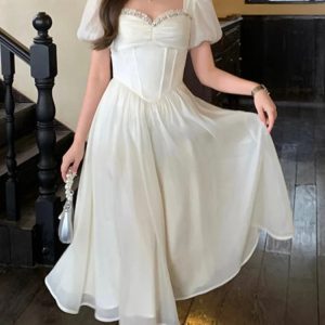 Chic Vintage Summer Midi Dress with Short Sleeves - Elegant Princess Party Dress for Women