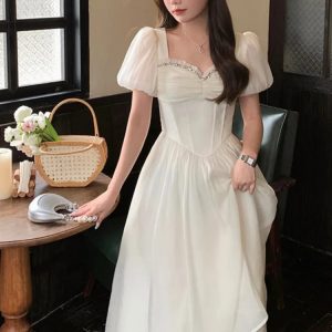 Chic Vintage Summer Midi Dress with Short Sleeves - Elegant Princess Party Dress for Women