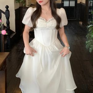 Chic Vintage Summer Midi Dress with Short Sleeves - Elegant Princess Party Dress for Women