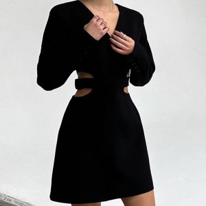 Chic Waist Cut Out V-Neck Short Dress for Y2K Aesthetic and Coquette Style