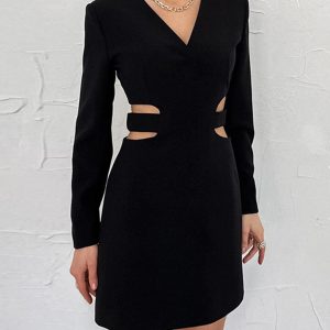 Chic Waist Cut Out V-Neck Short Dress for Y2K Aesthetic and Coquette Style