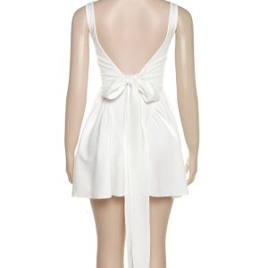 Chic White Backless Ruched Dress with Tie-Back for Y2K Fashion Lovers