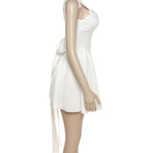 Chic White Backless Ruched Dress with Tie-Back for Y2K Fashion Lovers