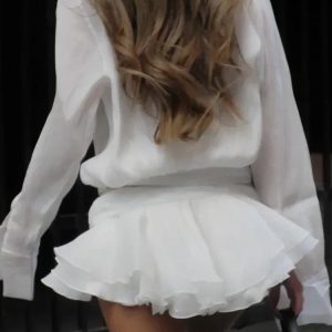 Chic White Chiffon Mini Dress - Casual Oversized Pleated See-Through Summer Beach Dress