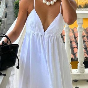 Chic White V Neck Backless Cami Midi Dress for Y2K Fashion and Coquette Aesthetic Styles