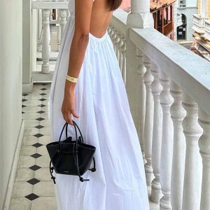 Chic White V Neck Backless Cami Midi Dress for Y2K Fashion and Coquette Aesthetic Styles