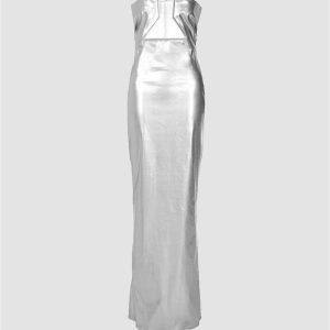 Chic Y2K Aesthetic Bright PU Leather Maxi Dress for Trendy Fashion Lovers