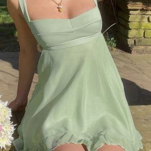 Chic Y2K Aesthetic Green Sweet Short Dress with Ruffles, Backless Sleeveless Summer Style