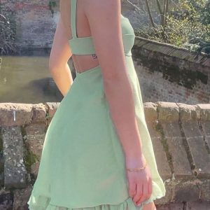 Chic Y2K Aesthetic Green Sweet Short Dress with Ruffles, Backless Sleeveless Summer Style