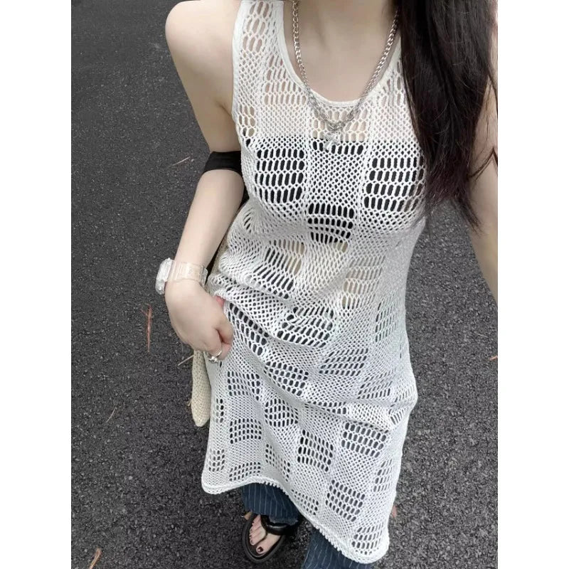 Chic Y2K Aesthetic Sleeveless Knitted Dress - Casual O-neck Mid-length for Effortless Style