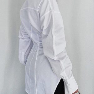 Chic Y2K Aesthetic White Shirt with Waist Lapel and Ruffled Details for Trendy Outfits