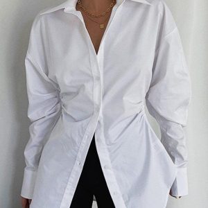 Chic Y2K Aesthetic White Shirt with Waist Lapel and Ruffled Details for Trendy Outfits