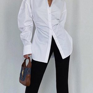 Chic Y2K Aesthetic White Shirt with Waist Lapel and Ruffled Details for Trendy Outfits