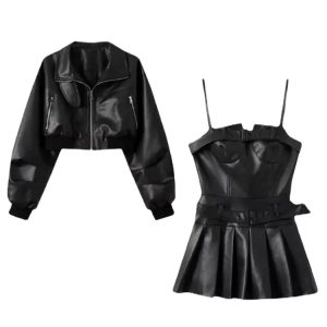 Chic Y2K Black Dress Set: Casual PU Coat & Elegant Mini Dress for Stylish Spring Outfits