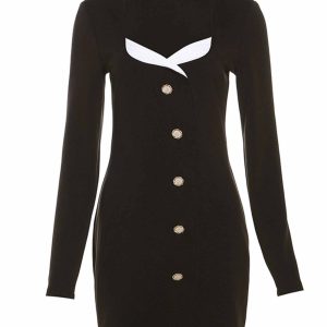 Chic Y2K Button Up Long Sleeve Bodycon Dress for Trendy Coquette Aesthetic Looks