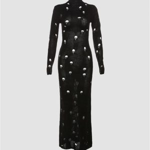 Chic Y2K Cut Out Knitted Maxi Dress for Trendy Coquette and Grunge Aesthetic Styles