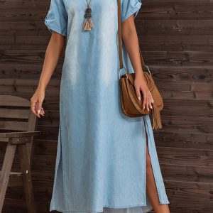 Chic Y2K Denim Dress with Short Sleeves and Side Slit for Trendy Aesthetic Outfits