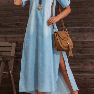 Chic Y2K Denim Dress with Short Sleeves and Side Slit for Trendy Aesthetic Outfits