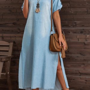 Chic Y2K Denim Dress with Short Sleeves and Side Slit for Trendy Aesthetic Outfits