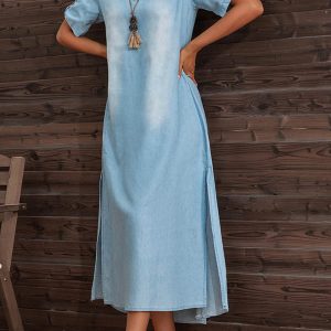 Chic Y2K Denim Dress with Short Sleeves and Side Slit for Trendy Aesthetic Outfits