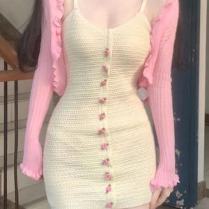 Chic Y2K Fashion 2-Piece Set: Sweet Pink Cardigan & Bodycon Mini Dress for Stylish Parties