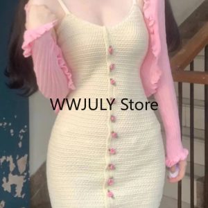 Chic Y2K Fashion 2-Piece Set: Sweet Pink Cardigan & Bodycon Mini Dress for Stylish Parties