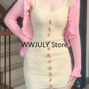 Chic Y2K Fashion 2-Piece Set: Sweet Pink Cardigan & Bodycon Mini Dress for Stylish Parties