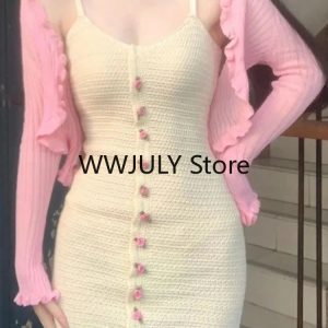 Chic Y2K Fashion 2-Piece Set: Sweet Pink Cardigan & Bodycon Mini Dress for Stylish Parties