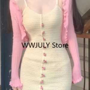 Chic Y2K Fashion 2-Piece Set: Sweet Pink Cardigan & Bodycon Mini Dress for Stylish Parties