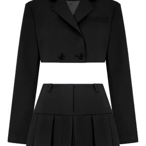 Chic Y2K Fashion Black Blazer Set: Cropped Jacket & Mini Skirt for Casual Streetwear Style