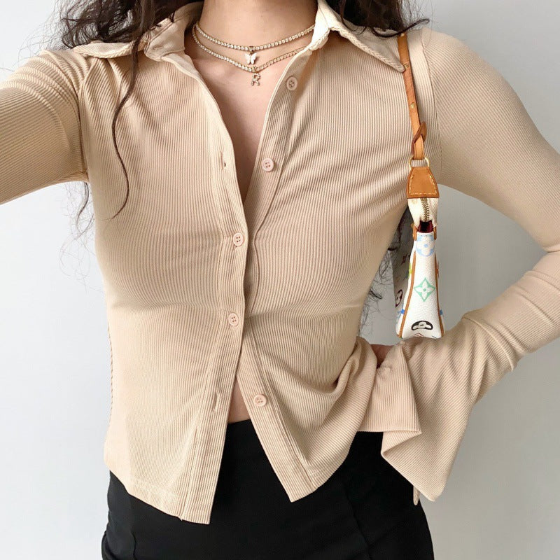 Chic Y2K Fashion Polo Neck Long Sleeve Rib Blouse for Trendy Aesthetic Outfits