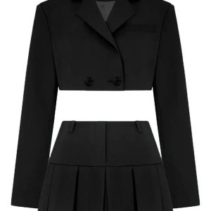 Chic Y2K Fashion Two Piece Set: Black Cropped Blazer & Skirt Matching Outfit for Women