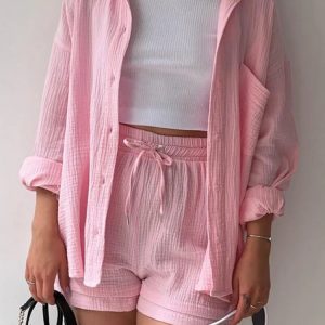 Chic Y2K Fashion Women's 2-Piece Set: Lapel Long Sleeve Coat & Lace-Up Casual Beach Shorts