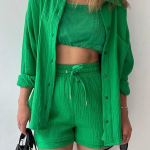 Chic Y2K Fashion Women's 2-Piece Set: Lapel Long Sleeve Coat & Lace-Up Casual Beach Shorts