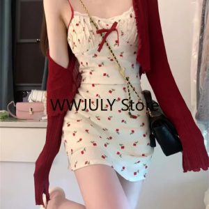 Chic Y2K Floral Mini Dress & Long Sleeve Cardigan Set - Trendy Korean Party Outfit 2024