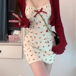 Chic Y2K Floral Mini Dress & Long Sleeve Cardigan Set - Trendy Korean Party Outfit 2024