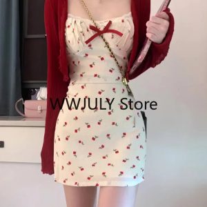 Chic Y2K Floral Mini Dress & Long Sleeve Cardigan Set - Trendy Korean Party Outfit 2024