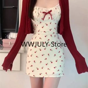 Chic Y2K Floral Mini Dress & Long Sleeve Cardigan Set - Trendy Korean Party Outfit 2024