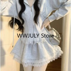 Chic Y2K Grey Lace 2-Piece Set: Casual Hooded Coat & Slim Mini Skirt for Elegant Fall Style