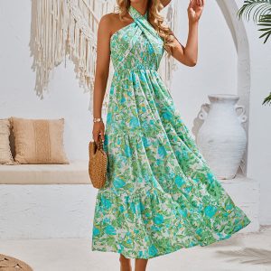 Chic Y2K Halter Neck Dress in Trendy Prints for Effortless Resort Style