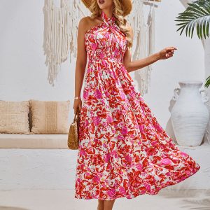 Chic Y2K Halter Neck Dress in Trendy Prints for Effortless Resort Style